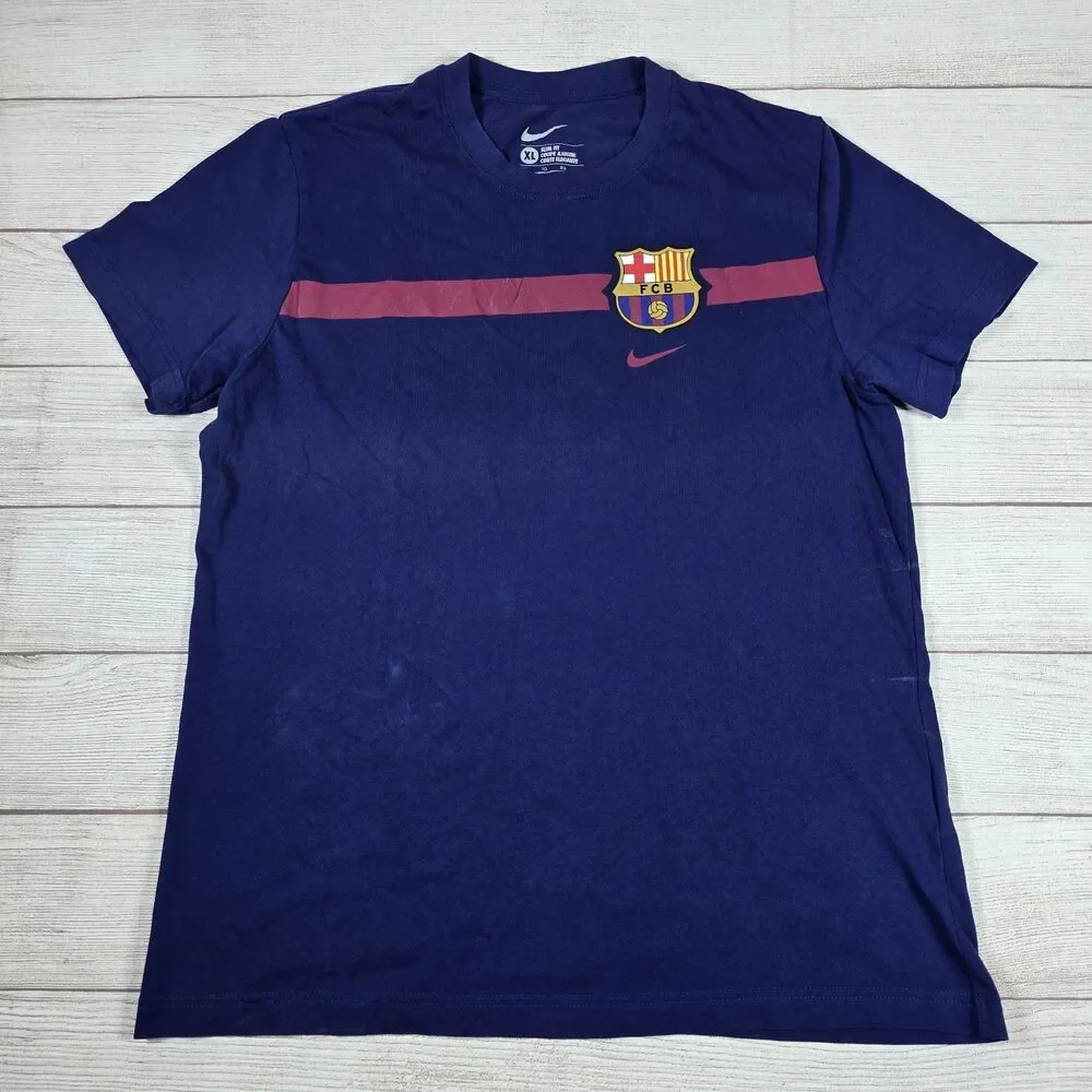 Vintage Nike FC Barcelona T-Shirt Rare 00s Y2K Swoosh Logo Football Sz XL Slim
